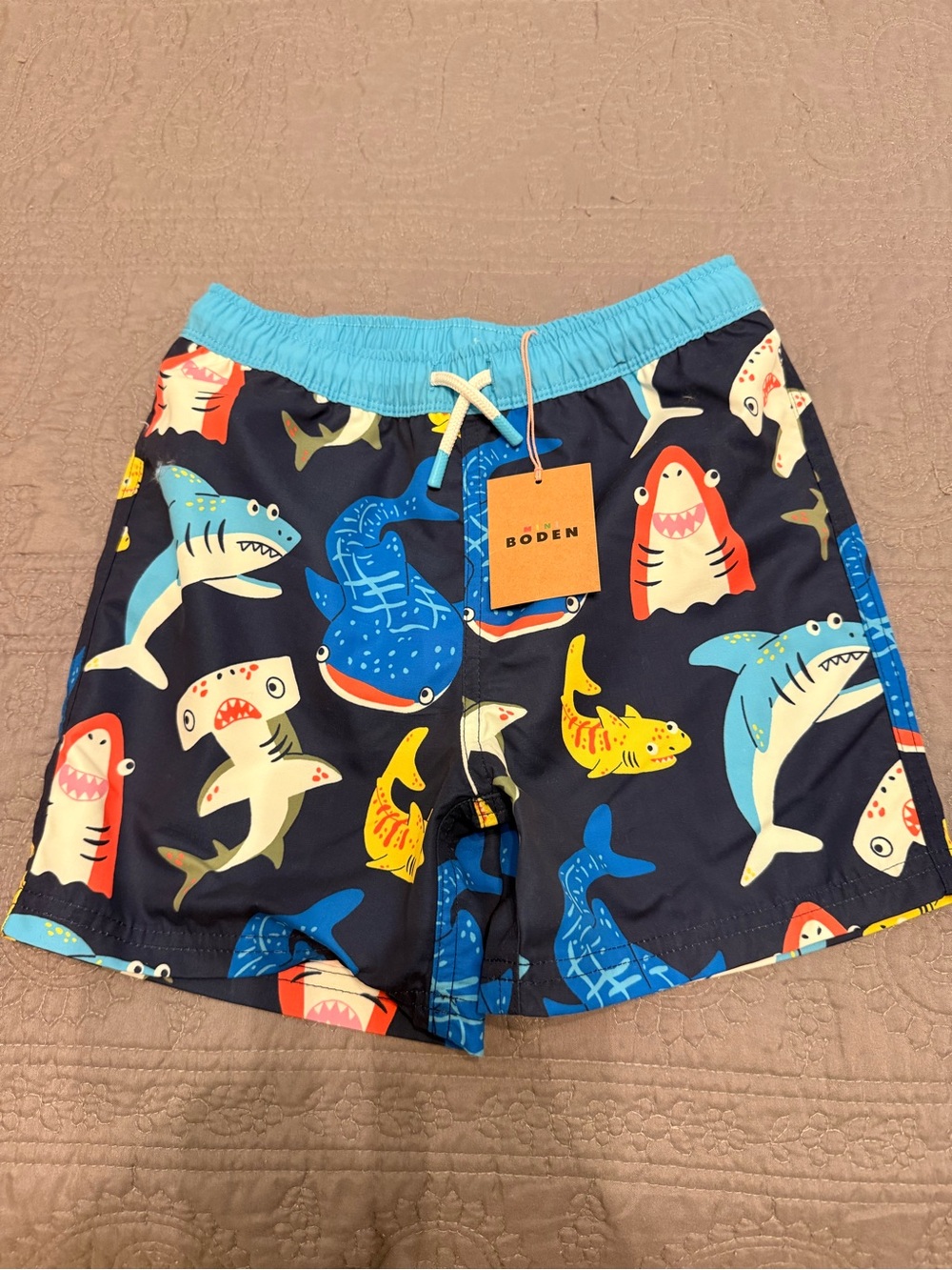 Mini Boden Navy Shark Print Swim Shorts with Aqua Waistband